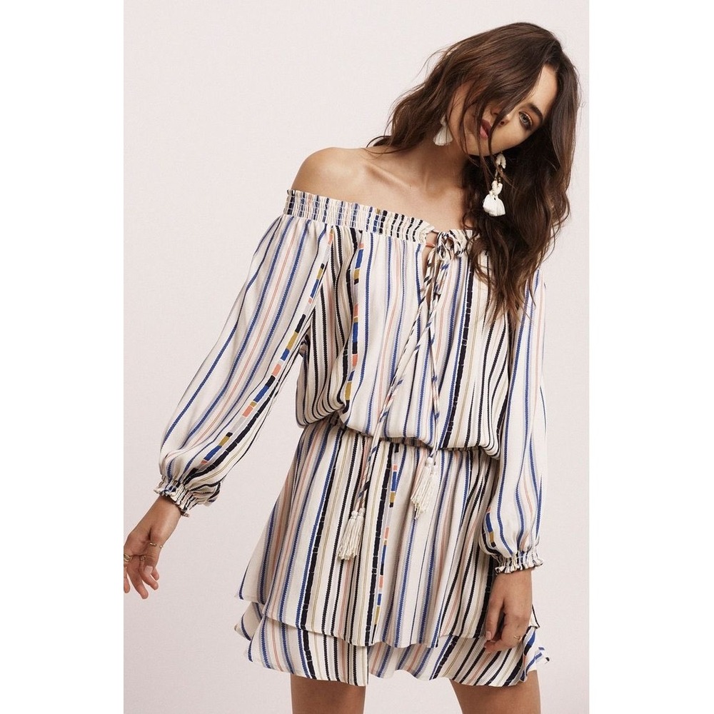 ASTR the Label Striped Off Shoulder Mini Dress Blue Coral Smocked Boho Small